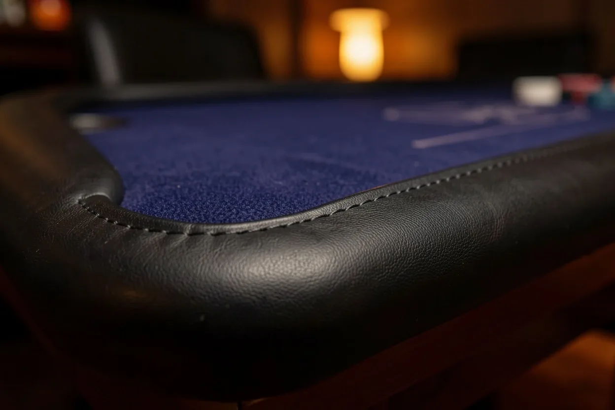 Handgemaakte pokertafel met professioneel vilt en lederen armsteun bij Montavixs